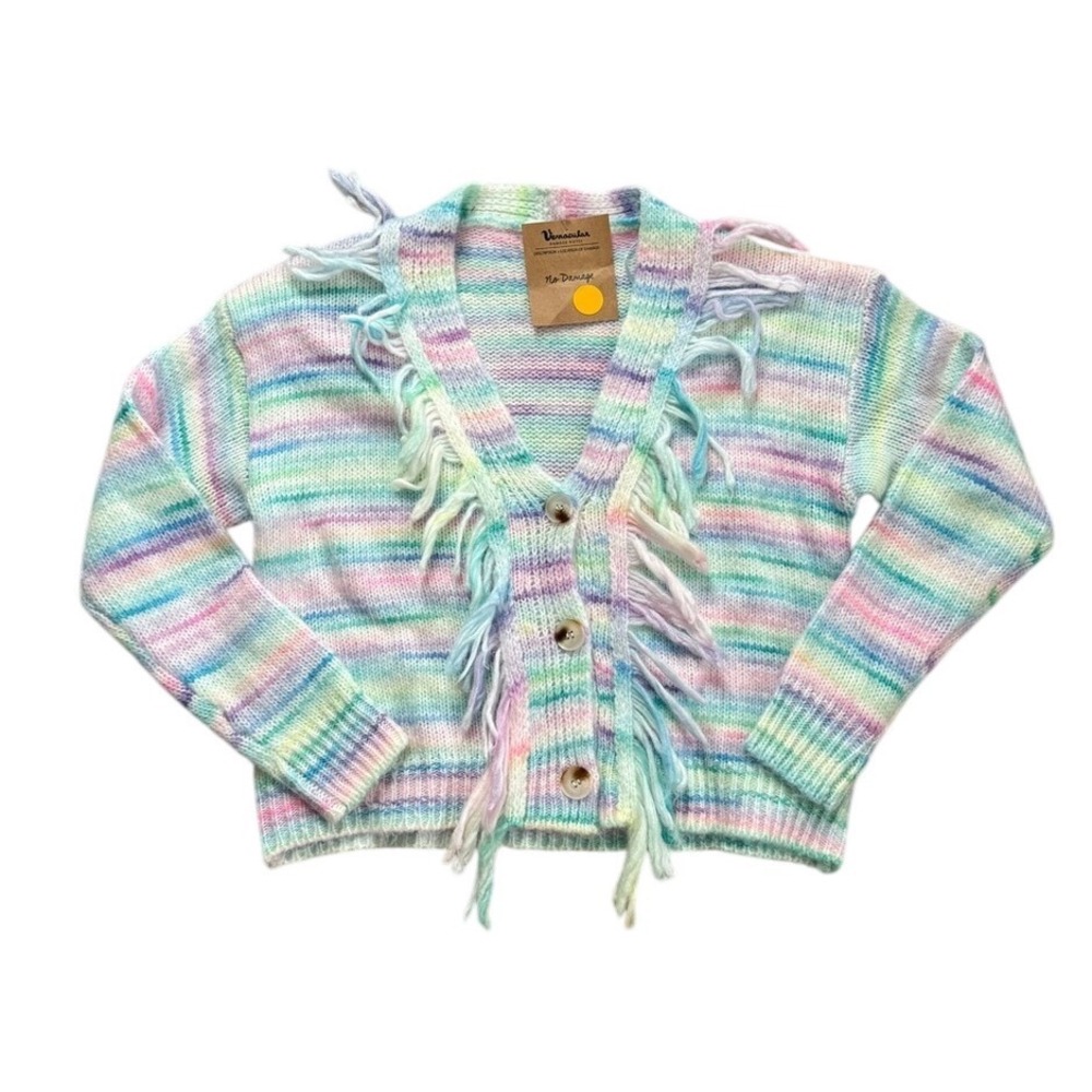 NWT Vernacular Pastel Rainbow Fringe Knit Button Front Cardigan S/M Soft Girl - Picture 2 of 8